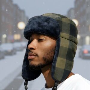 Chaos Unisex Winter Quilted Green Plaid Trapper Hat Ushanka Sz OS